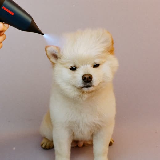 A dog's coat being blow dried after a bath